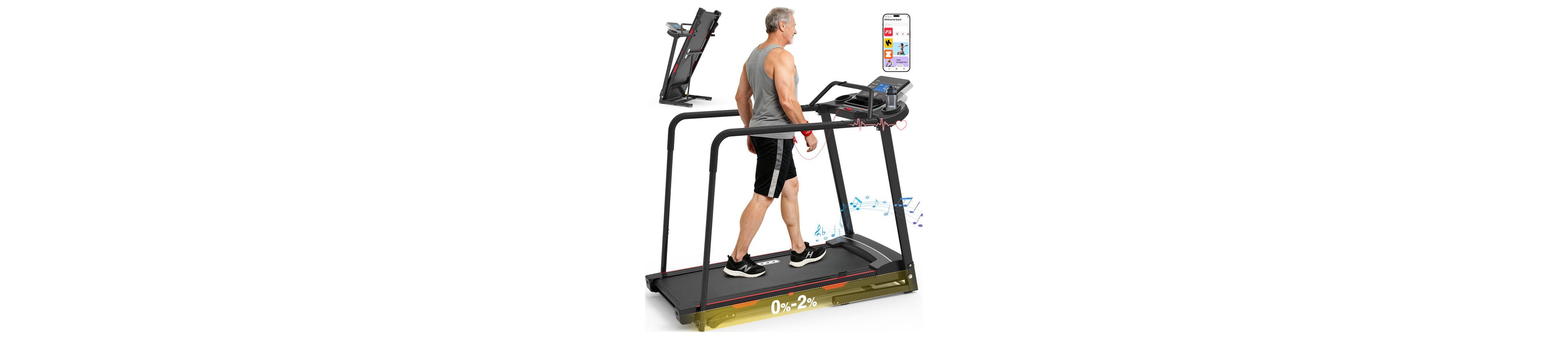 Redliro Senior Treadmill with Long Handrails, 350 lbs Capacity Walking Treadmill for Seniors, Foldable Treadmill with Incline