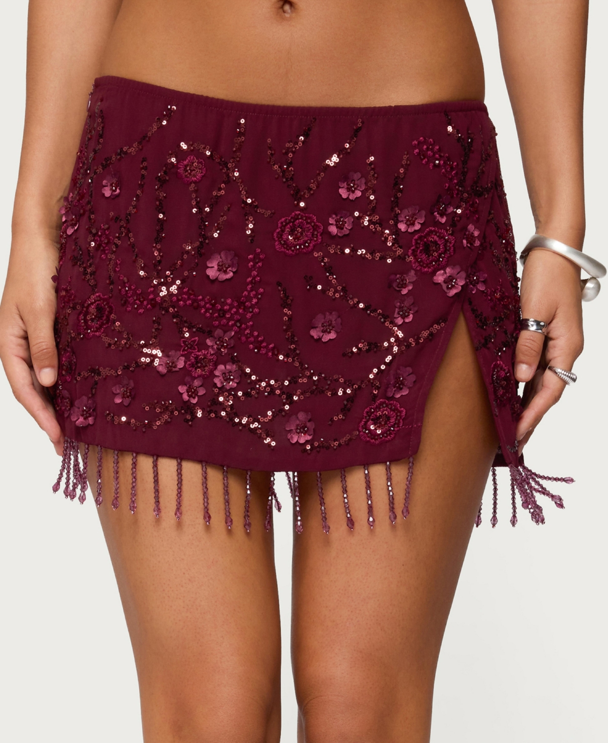 Edikted Women's Chiffon Sequin Bead Fringed Mini Skirt