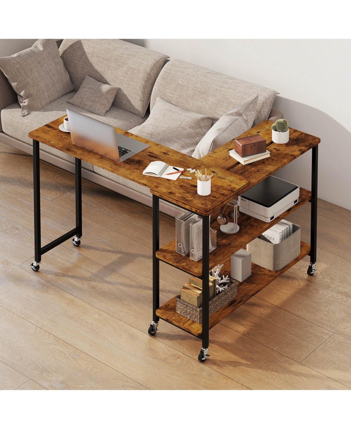 Costway 360° Rotation Mobile Laptop Table with 2-Tier Storage Shelves & 6 Universal Wheels