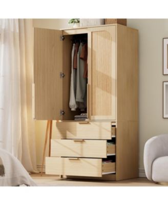 Armoire Wardrobe Closet with 3 Drawers and 2 Doors, Modern Tall Wooden Wardrobe Cabinet for Hanging Clothes, Bedroom Storage Organizer