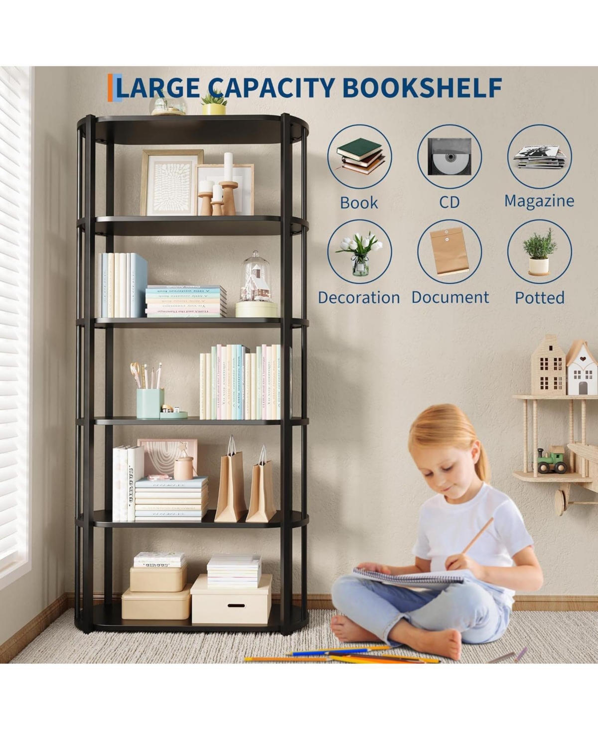 gaomon 6-Tier Wooden Bookshelf, 71" Industrial Tall Bookcase with Metal Frame, Large Open Storage Shelf for Living Room, Bedroom, Office