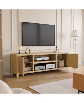 Fluted TV Stand for 80 Inch TV, Modern Entertainment Center with Storage, Media Console with Gold Handles & Fluted Doors