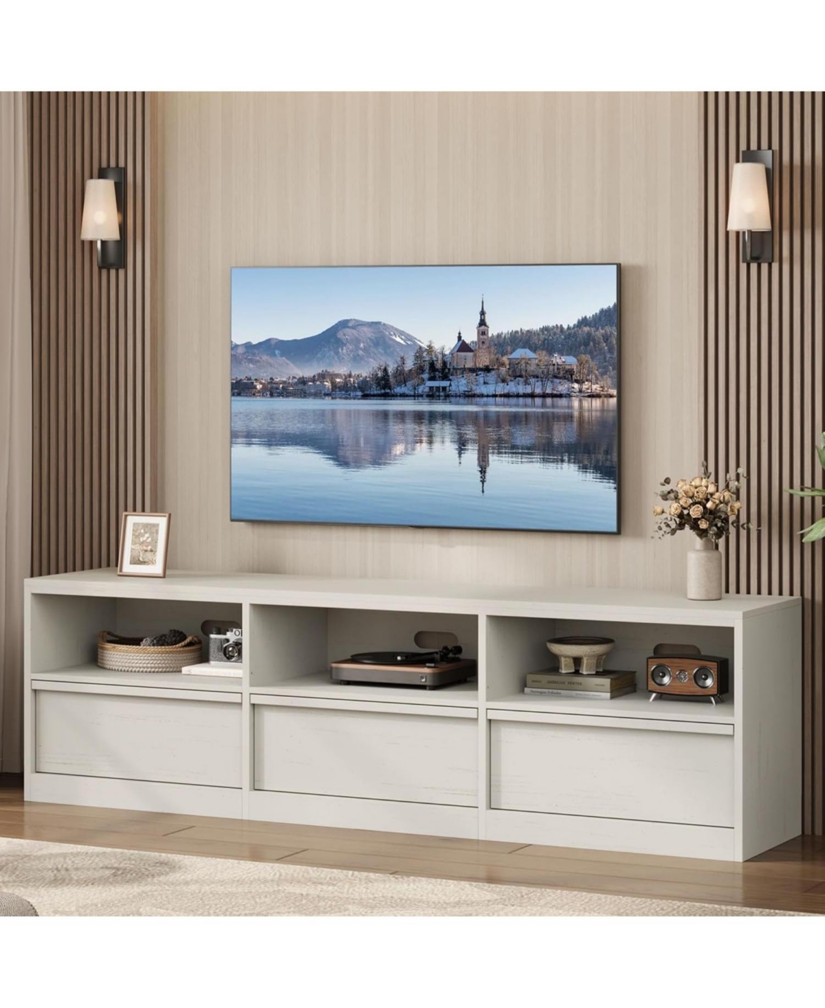 gaomon 70" Tv Stand for TVs up to 85", Mid Century Modern Entertainment Center with Drawer, Open Shelves & Cable Management