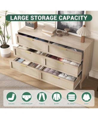 6-Drawer Oak Finish Natural Rattan Gold Metal Handles Farmhouse Style, Ample Storage, Durable Construction, Anti-Tip Safety Dresser