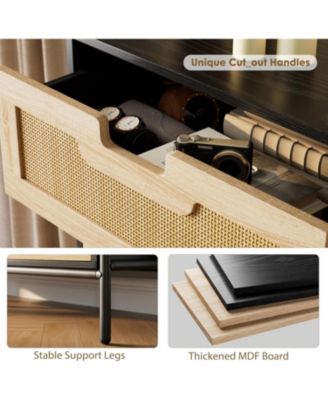 5-Drawer Rattan & Wood Farmhouse Cabinet with Metal Legs – Modern Dresser