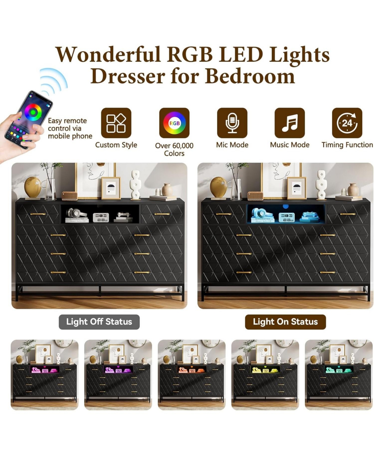 Gaomon 8 Drawer Dresser for Bedroom, Pink Dresser with Led Light, 55 Inch Tv Stand Dressers with Power Outlet