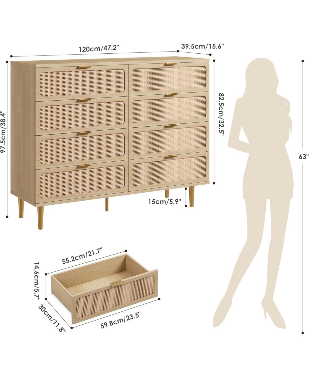 Gaomon Rattan 8 Drawer Dressers for Bedroom, Tall Dresser with Deep Drawers, Large Chest of Drawers for Closet with Wide Top