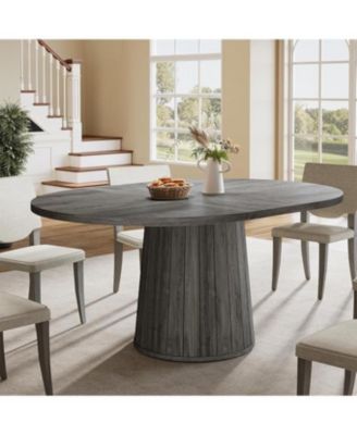 Oval Dining Table for 6 People, 55.11-Inch Farmhouse Kitchen Dinner Table with Cylindrical Pedestal (Grey)