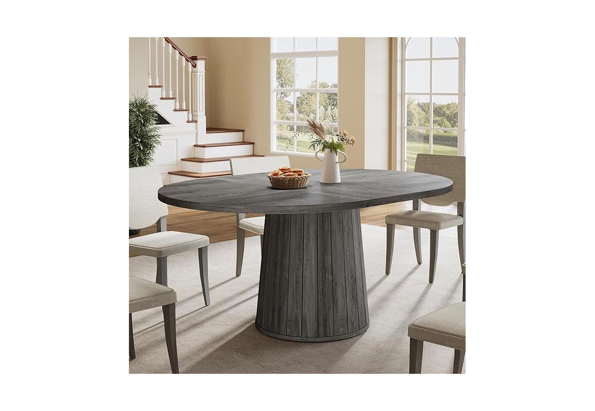 Tribesigns Oval Dining Table for 6 People, 55.11-Inch Farmhouse Kitchen Dinner Table with Cylindrical Pedestal (Grey)
