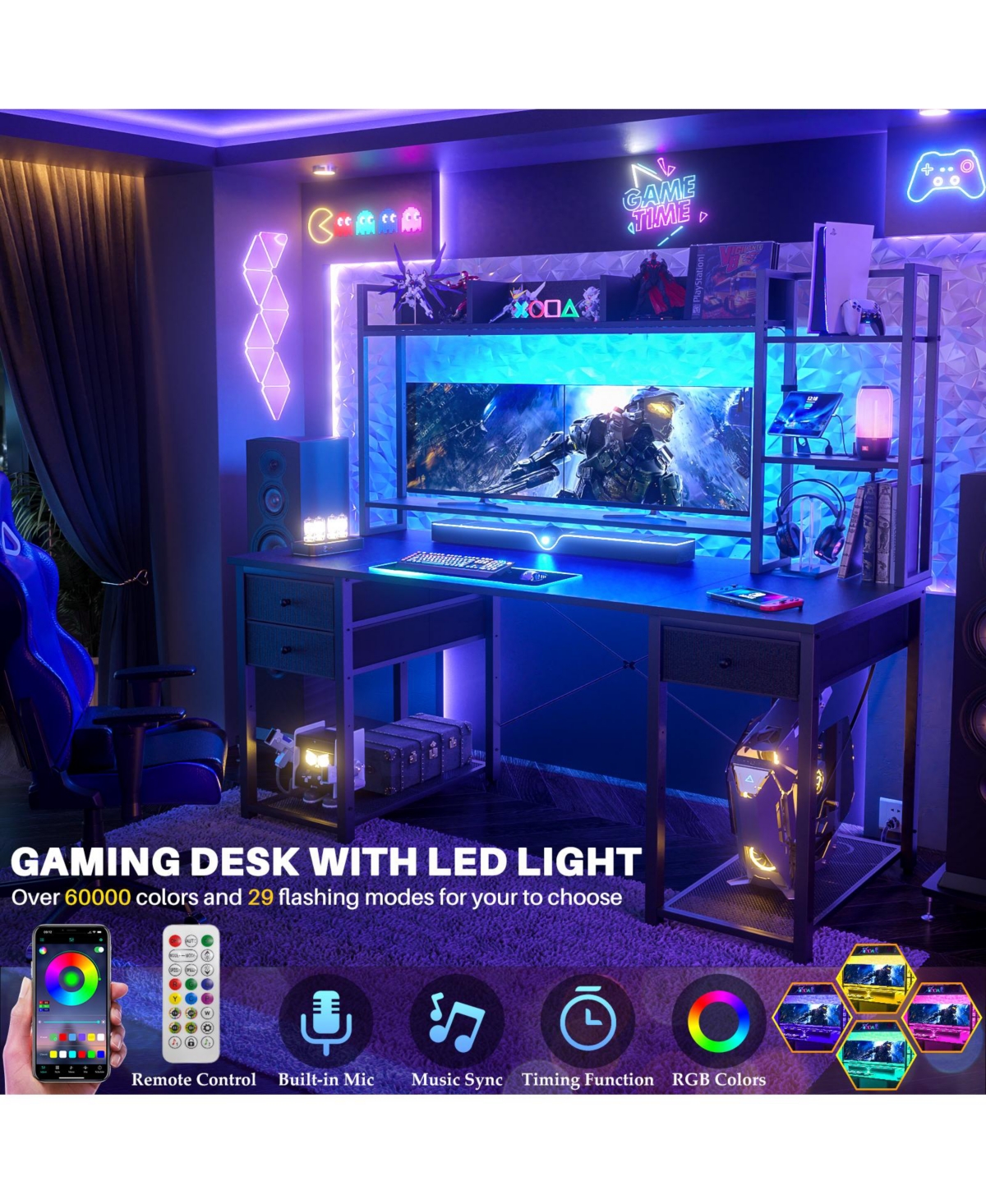 Aheaplus 47-55 inch Computer Desk with with 3 Drawers Storage Shelves