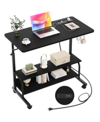 Small Height Adjustable Standing Desk with Power Outlets and Shelves, Max Height 41 Inches
