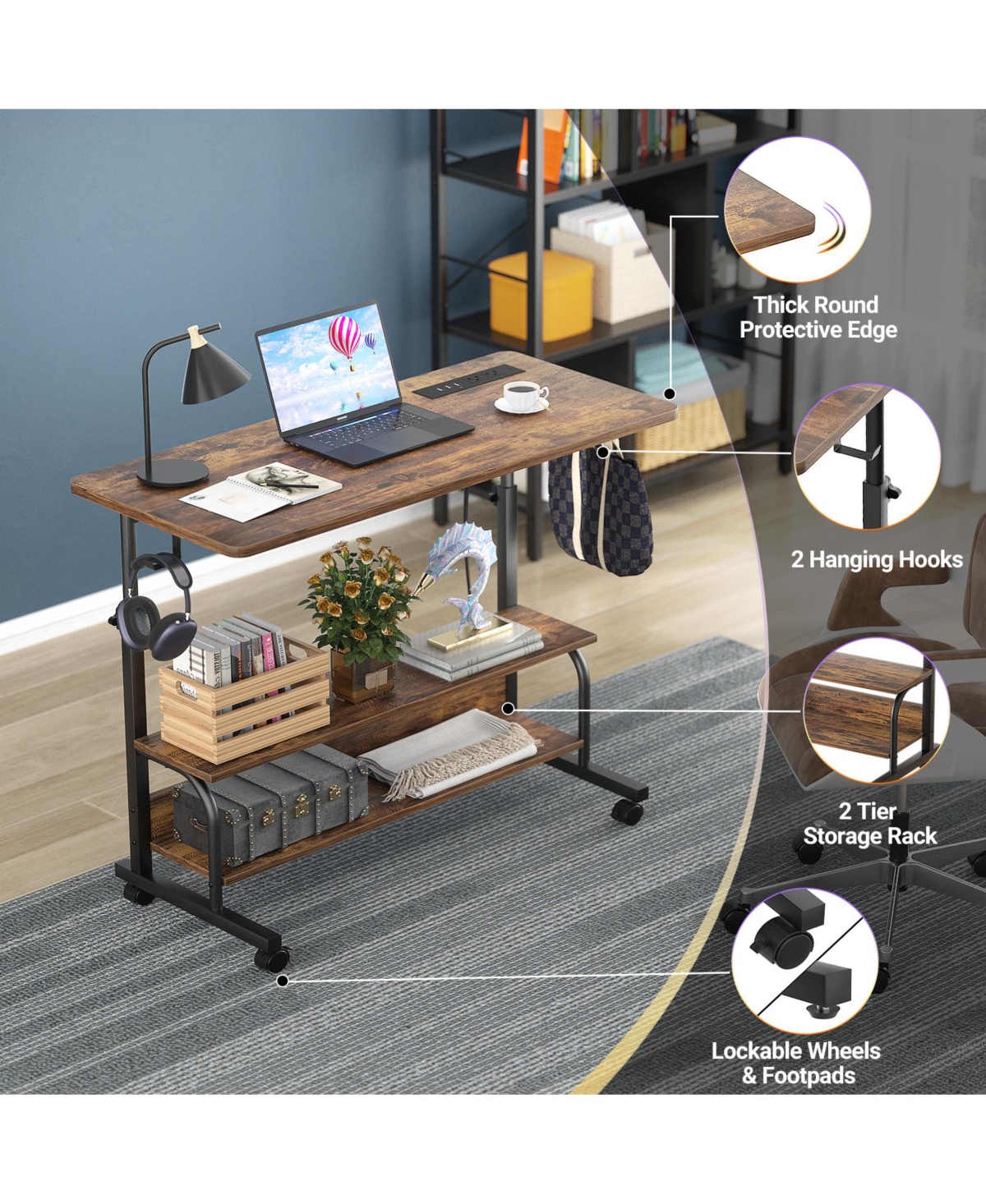 Aheaplus Small Height Adjustable Standing Desk with Power Outlets and Shelves, Max Height 41 Inches
