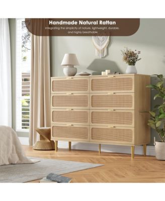 Rattan 8-Drawer Dresser, Tall Wood Chest with Wide Top, Large Storage Cabinet for Bedroom, Living Room, Hallway