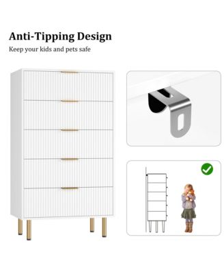 Fluted Wood 5-Drawer for Bedroom, Modern Chest, Tall Dresser