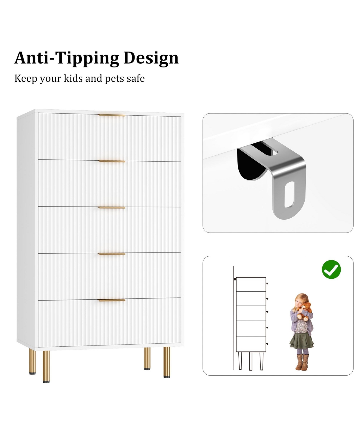 gaomon Fluted Wood 5-Drawer for Bedroom, Modern Chest, Tall Dresser