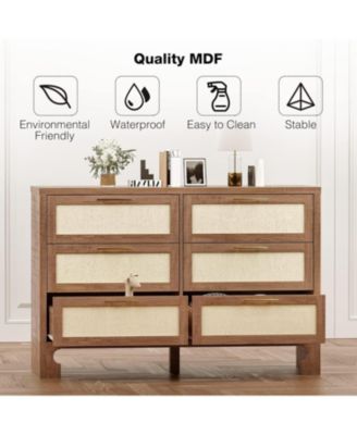 Rustic Caramel Burlap 6-Drawer Dresser, Spacious Storage Chest Made of MDF & Composite Wood for Bedroom Living Room or Hallway