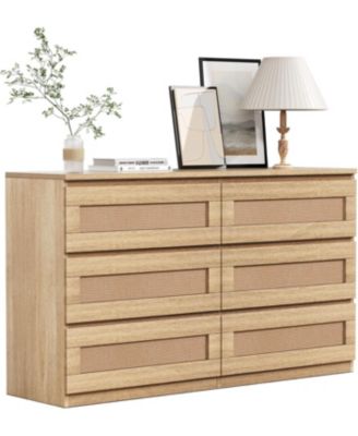 Rattan 6-Drawer Bedroom Dresser, Wide Wood Chest with Smooth Slide Rails and Anti-Tip Kit