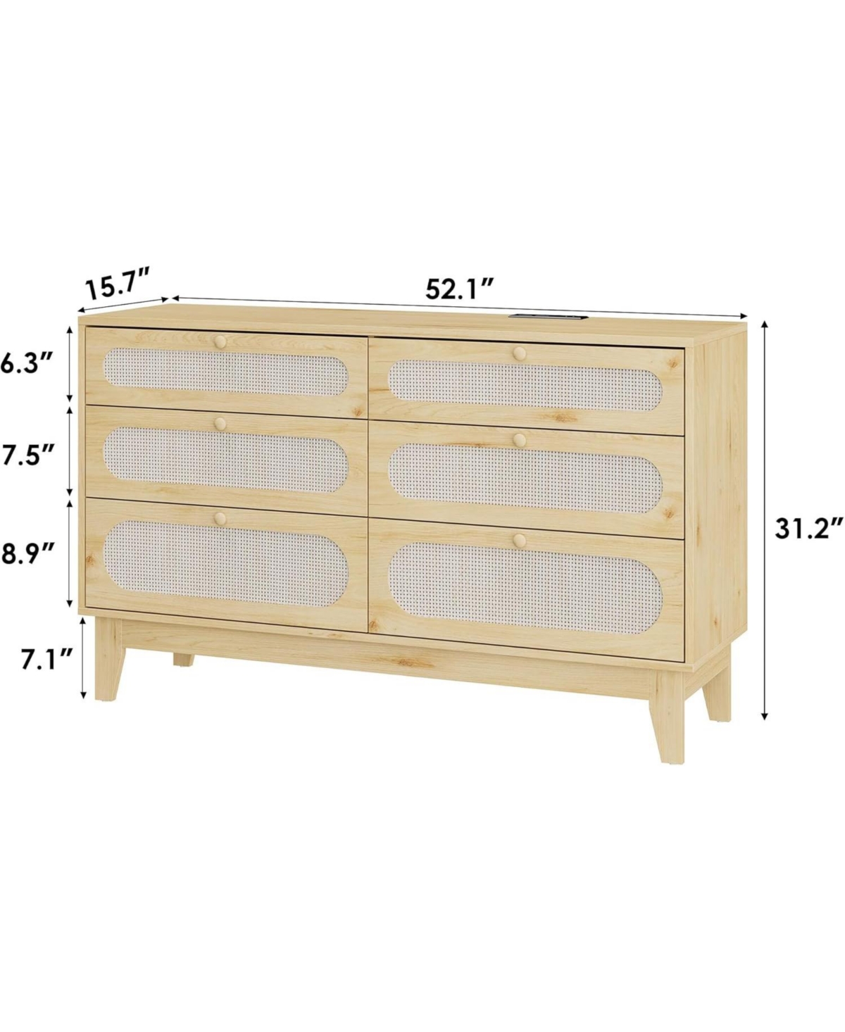 Gaomon Rattan 6-Drawer Bedroom Dresser, Oak Storage Chest with Deep Drawers, Modern Organizer for Bedroom Living Room Entryway Hallway