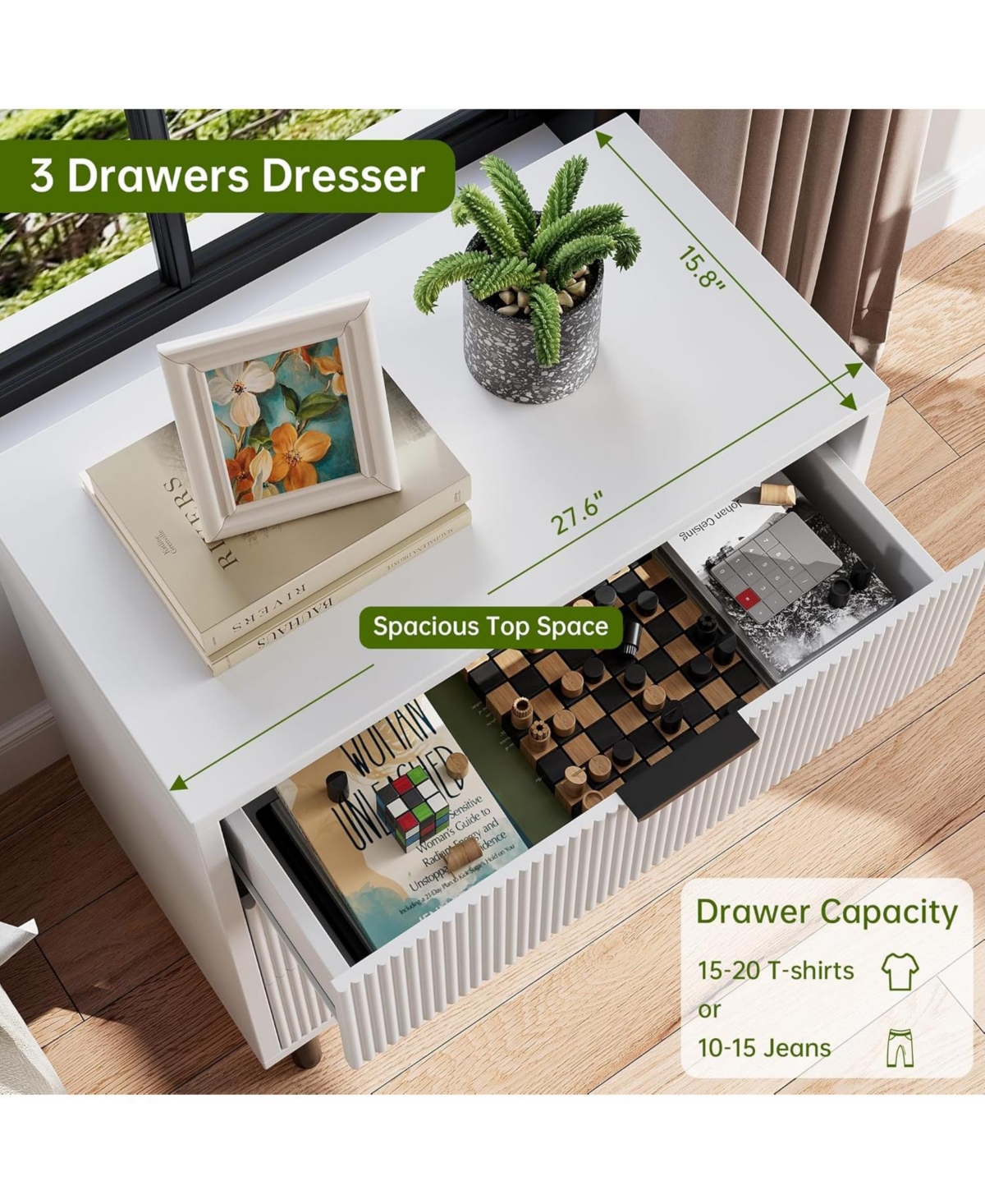 Gaomon 3-Drawer Wave Fluted Bedroom Dresser, Wide Wood Chest with Metal Legs, Modern Storage Organizer for Bedroom, Living Room