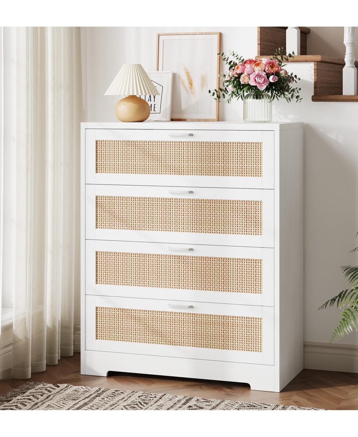 Gaomon Modern Rattan 4-Drawer Wood Dresser with Power Station, Tall Storage Chest for Bedroom, Hallway, Entryway, or Living Room