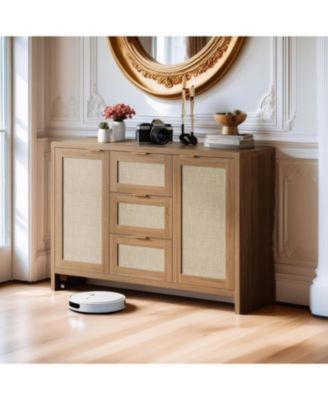 "47.2-Inch Rattan Buffet Sideboard Cabinet, Boho Credenza with Drawers & Doors, Wooden Coffee Bar Storage for Entryway or Living Room"