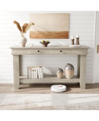 54" Long Console Table, Wooden Entryway Table with 2 Drawers & Open Storage Shelf, Sofa Table Behind Couch, Farmhouse Entry Foyer Table, Brown