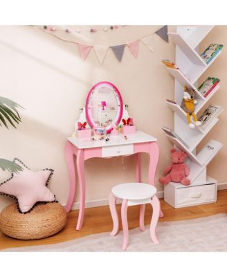 Kids Vanity Table Stool Set Pretend Play Makeup Desk with Whiteboard Markers