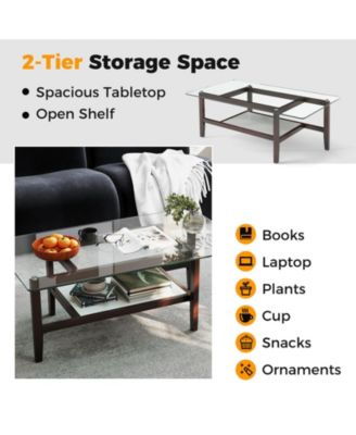 2-Tier Glass Coffee Table w/ Storage Shelf Solid Rubber Wood Legs for Office