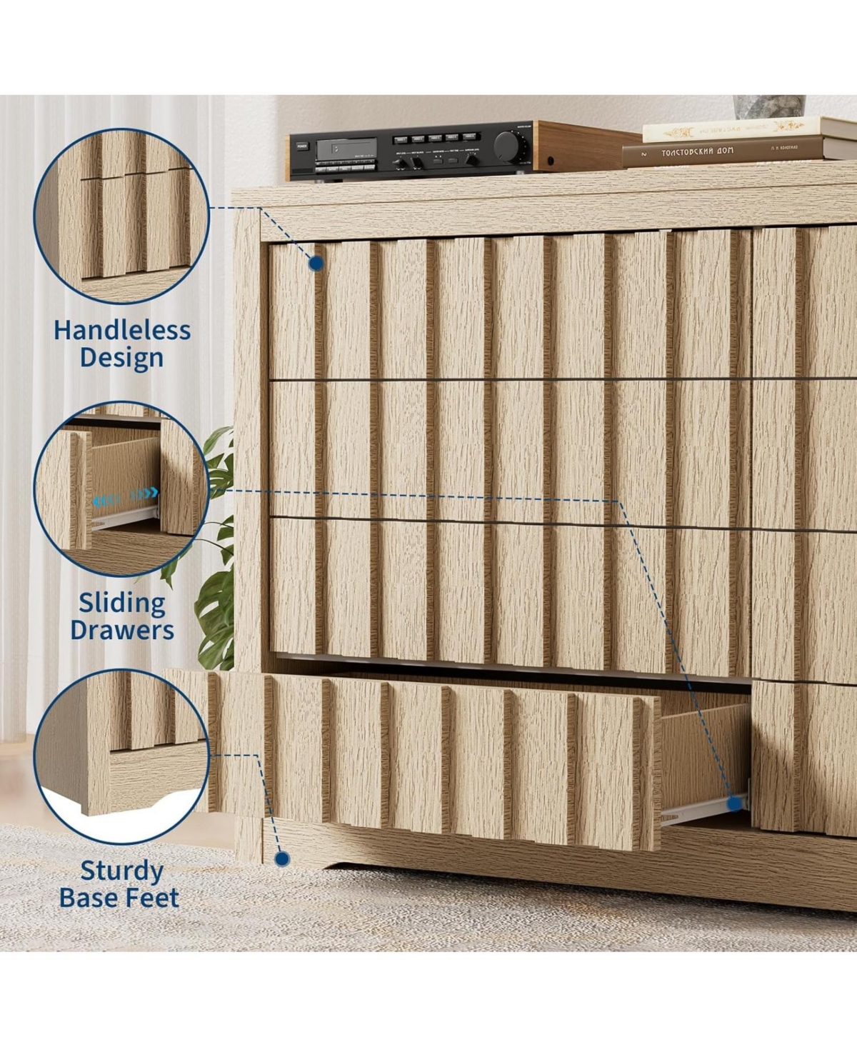 gaomon 8-Drawer Fluted Bedroom Dresser, Modern Handleless Wood Storage Chest with Deep Drawers for Living Room or Hallway, Natural Oak