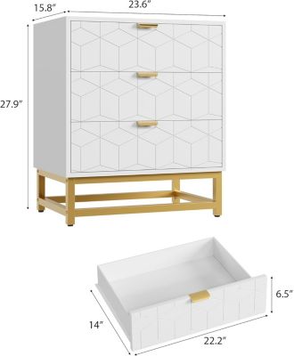 3-Drawer Wood Dresser with Gold Metal Legs & Handles