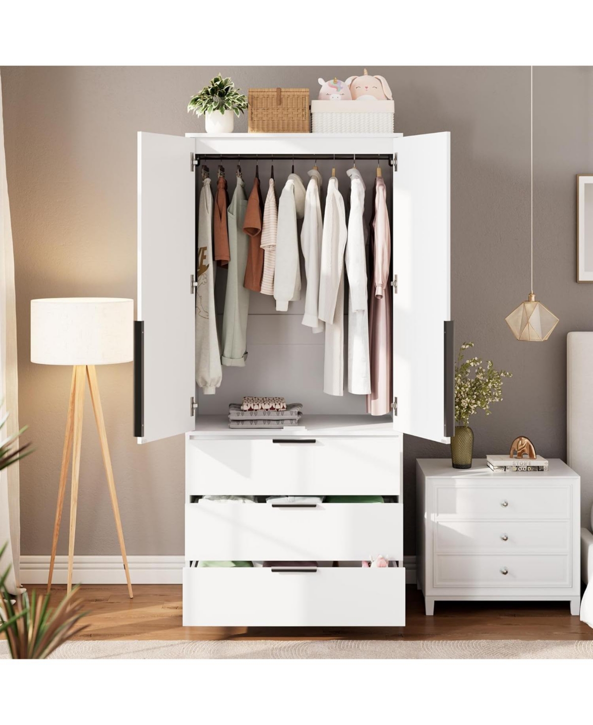 Gaomon Armoire Wardrobe Closet with 3 Drawers and 2 Doors, Modern Tall Wooden Wardrobe Cabinet for Hanging Clothes, Bedroom Storage Organizer