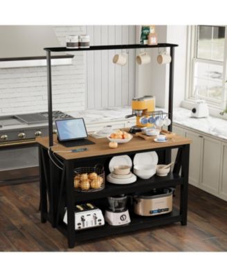 Wooden Kitchen Island with Power Outlet & LED Lights, 47" Kitchen Island Table with Storage, 3-Tier Bakers Rack, Coffee Bar Table with Hooks