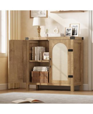 31.5" Small Rattan Buffet Cabinet with Storage, Coffee Bar Sideboard with Adjustable Shelves & Doors, Boho Farmhouse Cabinet