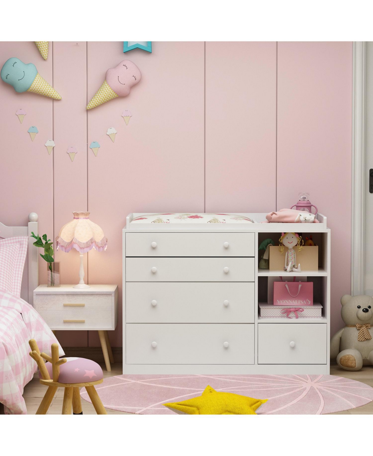 5-Drawers Changing Table, Dresser Vanity Table Chest of Drawers Storage Cabinet with Shelf