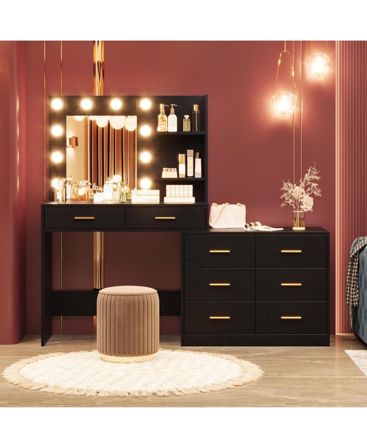 gaomon 61" Vanity Desk with Mirror and Lights, 8 Drawers & 2 Shelves, 3 Lighting Modes, Makeup Adjustable Brightness for Bedroom