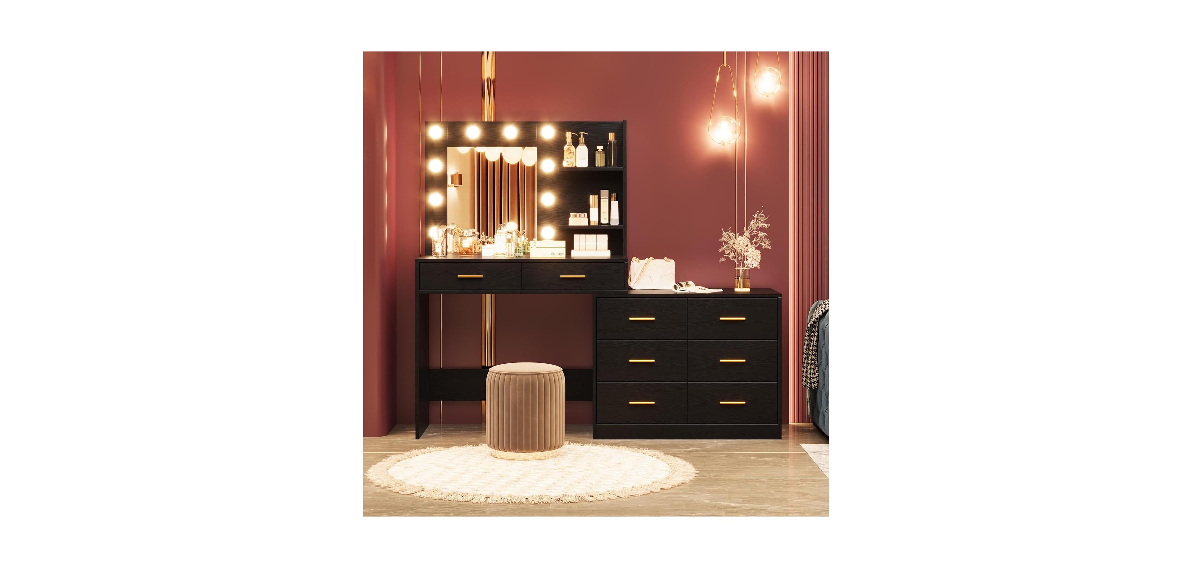 gaomon 61" Vanity Desk with Mirror and Lights, 8 Drawers & 2 Shelves, 3 Lighting Modes, Makeup Adjustable Brightness for Bedroom