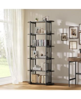 6-Tier Wooden Bookshelf, 71" Industrial Tall Bookcase with Metal Frame