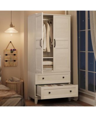 72" Tall Wooden Armoire Wardrobe Closet with 2 Drawers, Adjustable Shelf & Hanging Rod