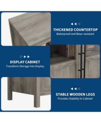 55" Sideboard Buffet Cabinet with 4 Glass Doors, Display Coffee Bar & Wine Storage, Modern Farmhouse Credenza for Dining Room, Kitchen, Living Room