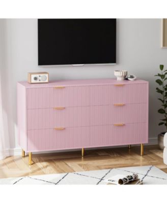 Pink 6 Drawer Dresser, Modern Wood Double Chest of Drawers with Gold Handles, Large Storage Organizer for Bedroom, Living Room