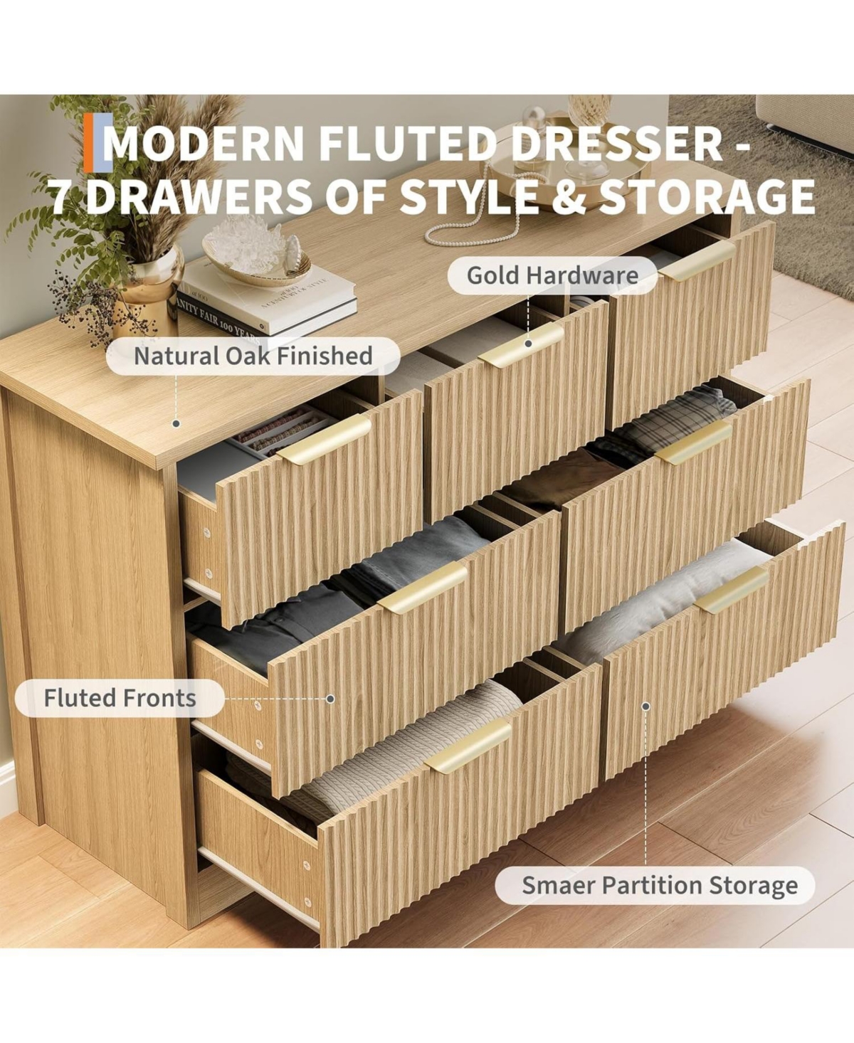 Gaomon Fluted Dresser for Bedroom with 7 Drawers, 47.24" Wide Modern Chest Drawers