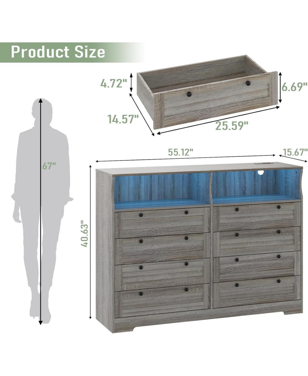 Gaomon 8 Drawers Wooden Dressers with Led Lights and Power Outlet for Bedroom