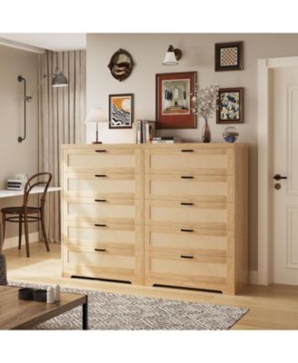 Tall Rattan Dresser 5 Drawer Chest Modern Wooden Storage Cabinet with Wide Top for Bedroom Living Room Hallway Entryway