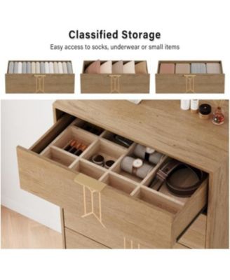 5-Drawer Wooden Oak & Gold Modern Tall Dresser with Deep Storage
