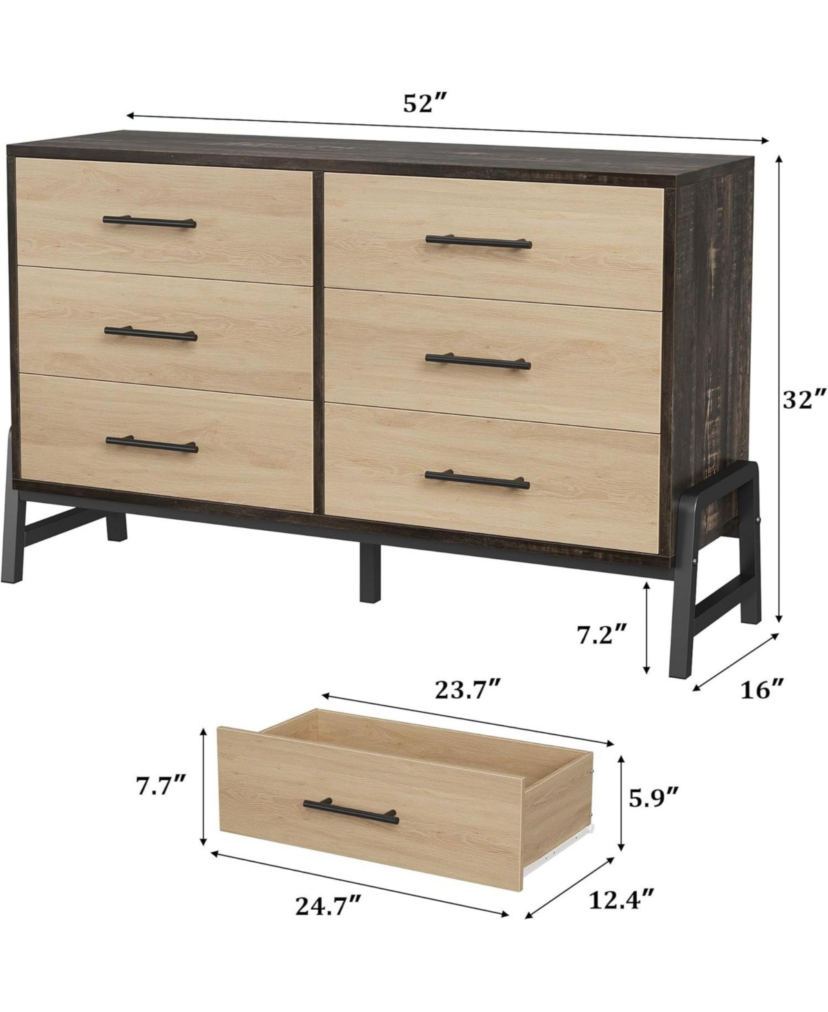 52" Wide 6-Drawer Closet Dresser, Freestanding Wooden Storage Cabinet for Bedroom & Living Room, Natural Oak