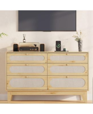 Coffee Brown Rattan 6-Drawer Dresser, Oak Storage Cabinet for Bedroom, Entryway, Closet & Living Room