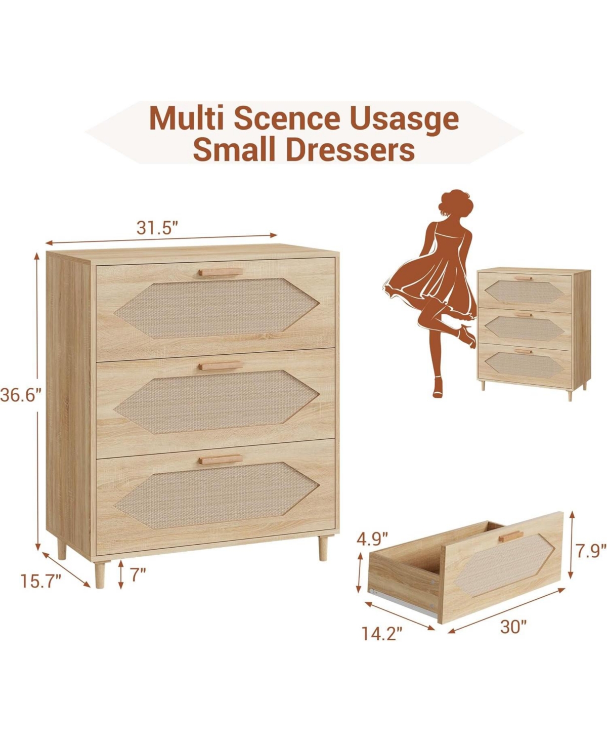 gaomon 3 Drawer Rattan Dresser for Bedroom, Rattan Modern Dresser Wood Chest of Drawers, Wooden Storage Cabinets for Bedrooms