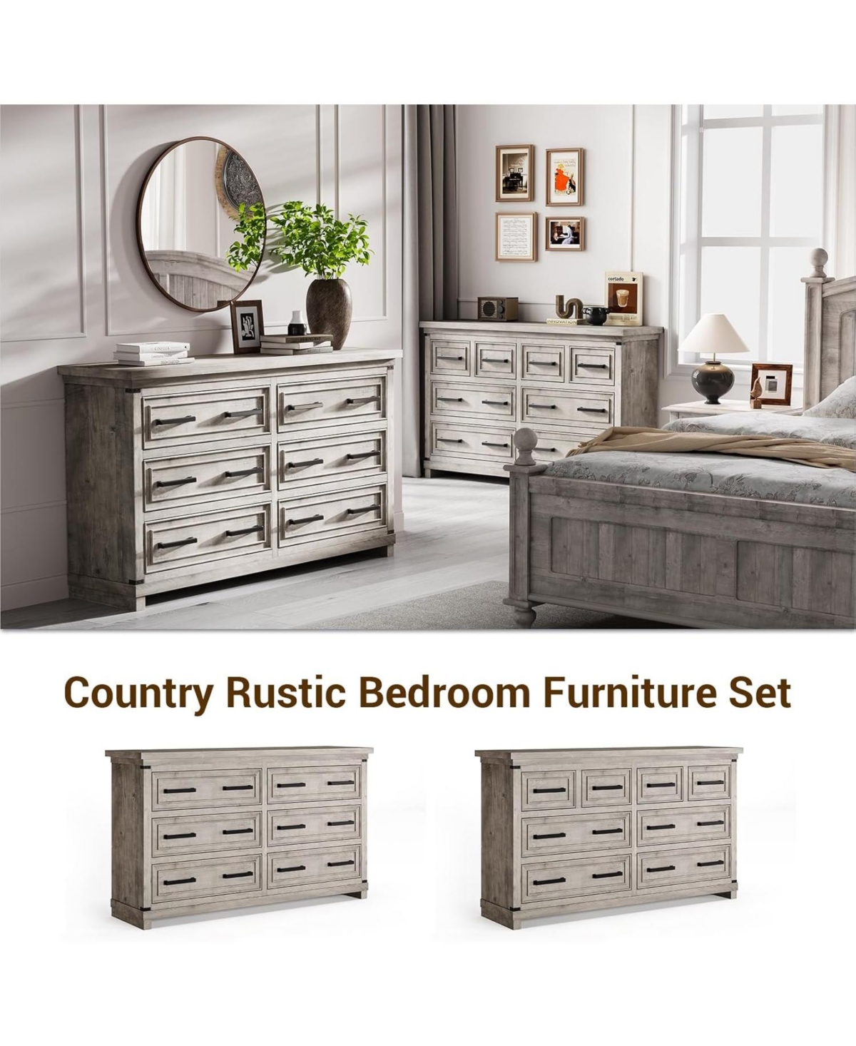 Dresser for Bedroom with 6 Drawers, Farmhouse Chests of Drawers, 55" Wide Wood Dresser with Natural Texture