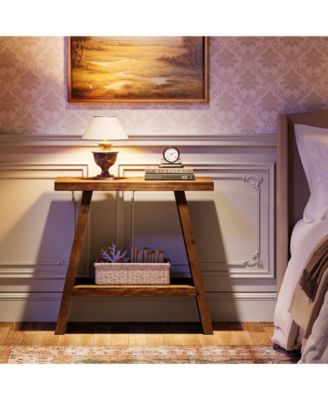 Solid Wood End Table for Living Room, Narrow Small Side Table with 2-Tier Storage