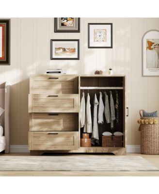 Storage Cabinet with 4 Drawers and 2 Doors, Freestanding Wardrobe with Hanging Rod